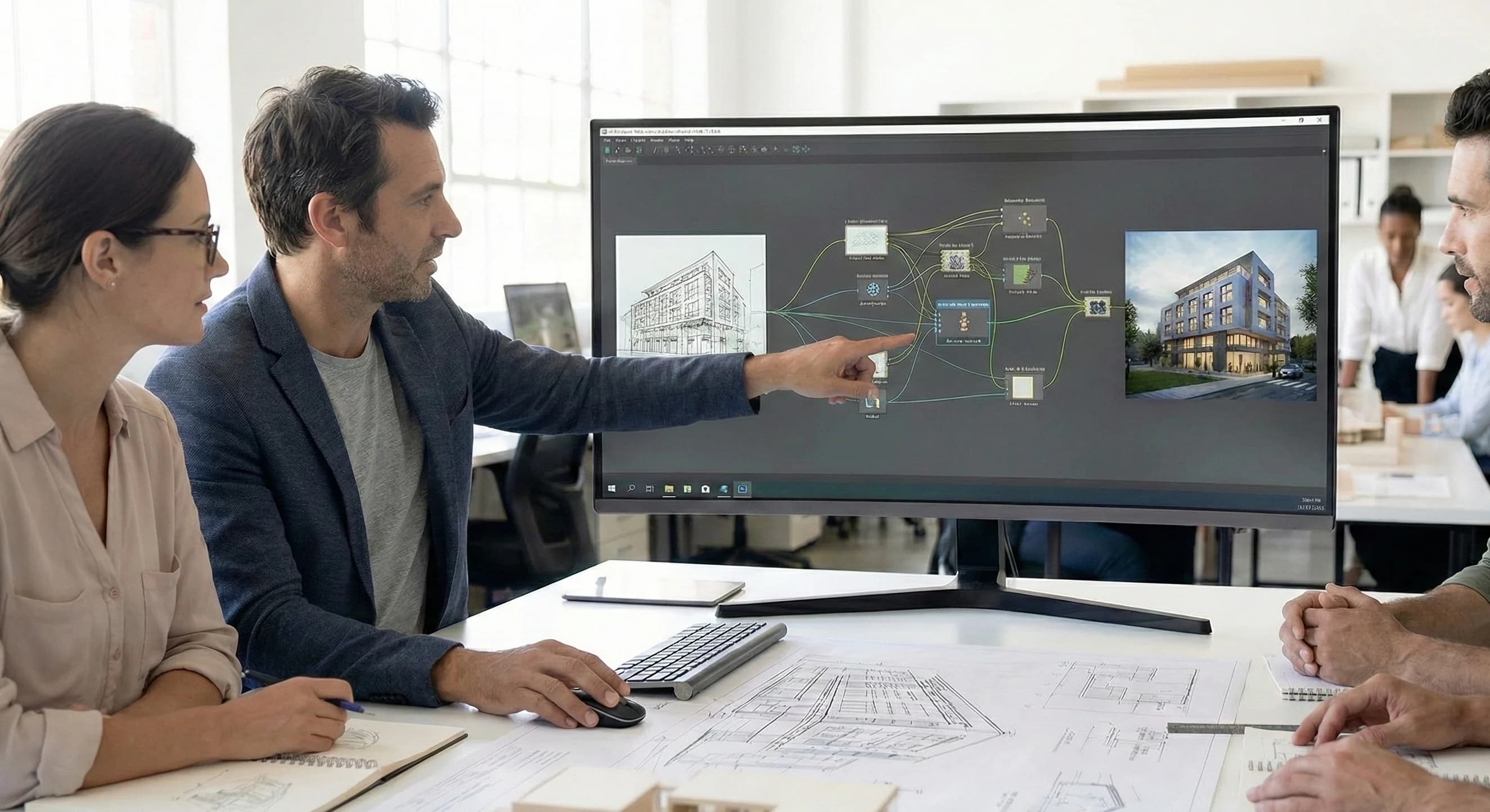 Diagram-style architecture workflow visual showing software and consulting support